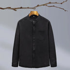 Black Men's Linen Shirt — Hannah Mandarin Collar Button-Front Relaxed - Front Flat