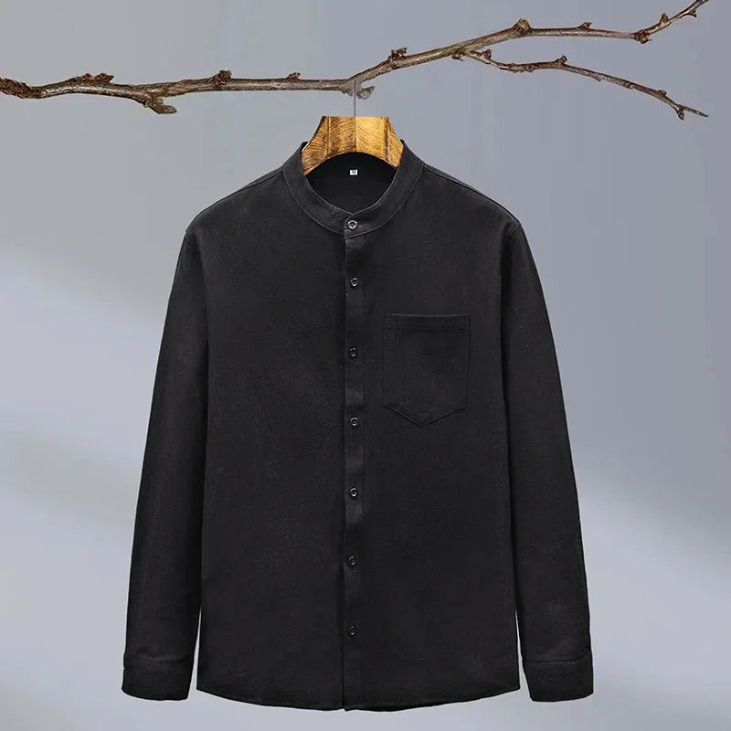 Black Men's Linen Shirt — Hannah Mandarin Collar Button-Front Relaxed - Front Flat