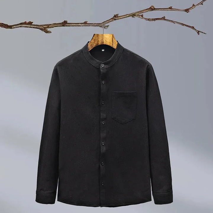 Black Men's Linen Shirt — Hannah Mandarin Collar Button-Front Relaxed - Front Flat