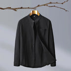 Black Men's Linen Shirt — Hannah Mandarin Collar Button-Front Relaxed - Front Open