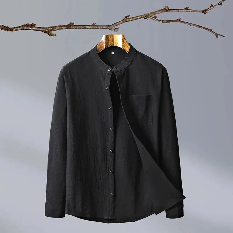 Black Men's Linen Shirt — Hannah Mandarin Collar Button-Front Relaxed - Front Open