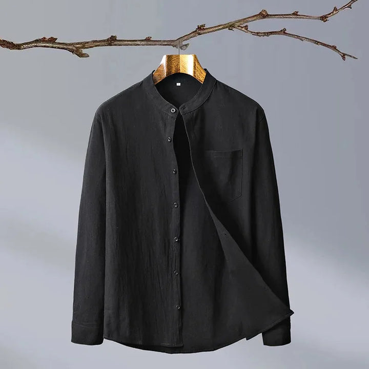 Black Men's Linen Shirt — Hannah Mandarin Collar Button-Front Relaxed - Front Open