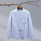 Blue Men's Linen Shirt — Hannah Mandarin Collar Button-Front Relaxed - Front Flat