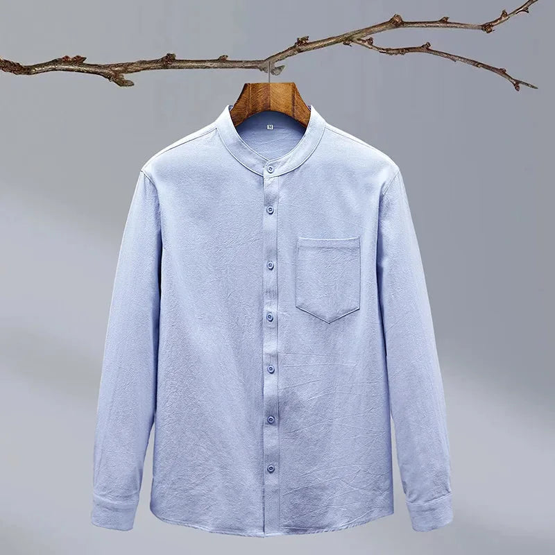 Blue Men's Linen Shirt — Hannah Mandarin Collar Button-Front Relaxed - Front Flat