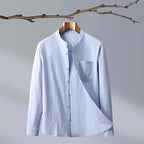 Blue Men's Linen Shirt — Hannah Mandarin Collar Button-Front Relaxed - Front Open