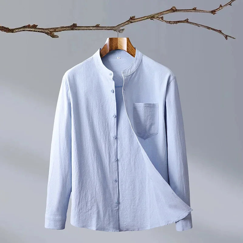 Blue Men's Linen Shirt — Hannah Mandarin Collar Button-Front Relaxed - Front Open
