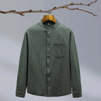 Green Men's Linen Shirt — Hannah Mandarin Collar Button-Front Relaxed - Front Flat