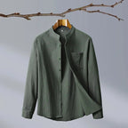 Green Men's Linen Shirt — Hannah Mandarin Collar Button-Front Relaxed - Front Full