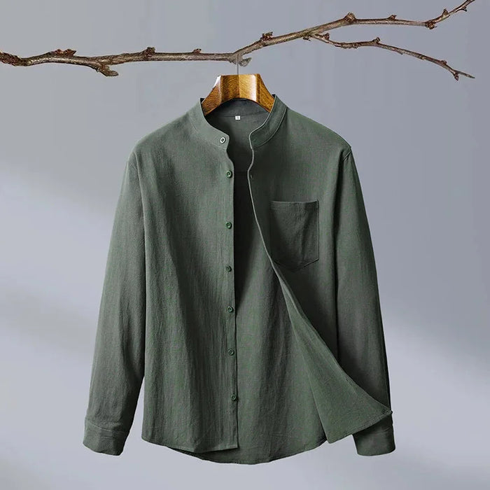 Green Men's Linen Shirt — Hannah Mandarin Collar Button-Front Relaxed - Front Full