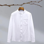 White Men's Linen Shirt — Hannah Mandarin Collar Button-Front Relaxed - Front Flat
