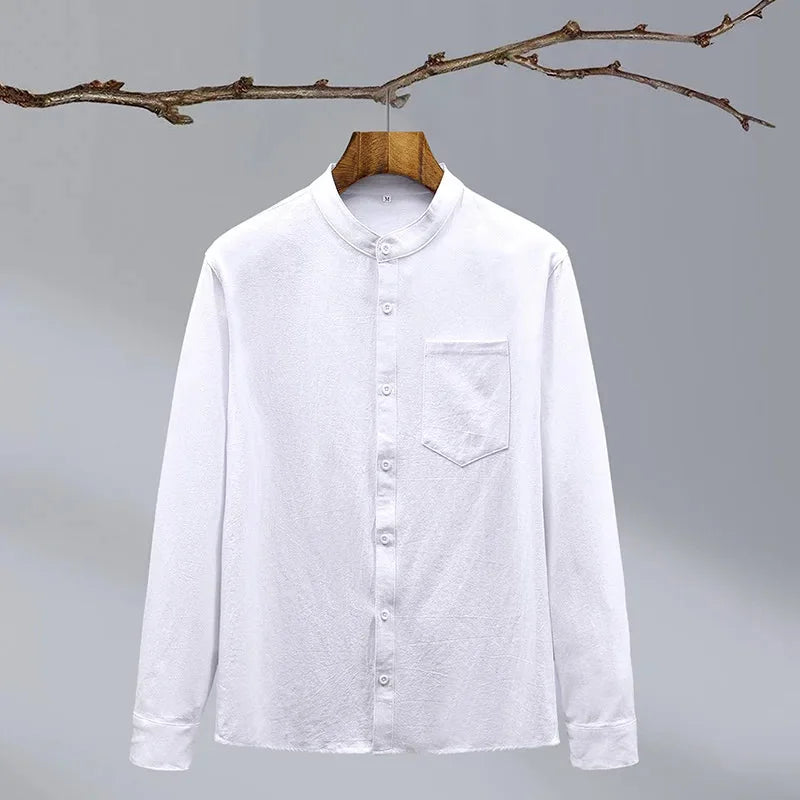 White Men's Linen Shirt — Hannah Mandarin Collar Button-Front Relaxed - Front Flat
