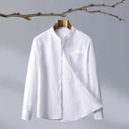 White Men's Linen Shirt — Hannah Mandarin Collar Button-Front Relaxed - Front Open