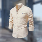 Beige Men's Slim Fit Shirt with Mandarin Collar & Button-Front Design