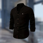 Black Men's Slim Fit Shirt with Mandarin Collar & Button-Front Design