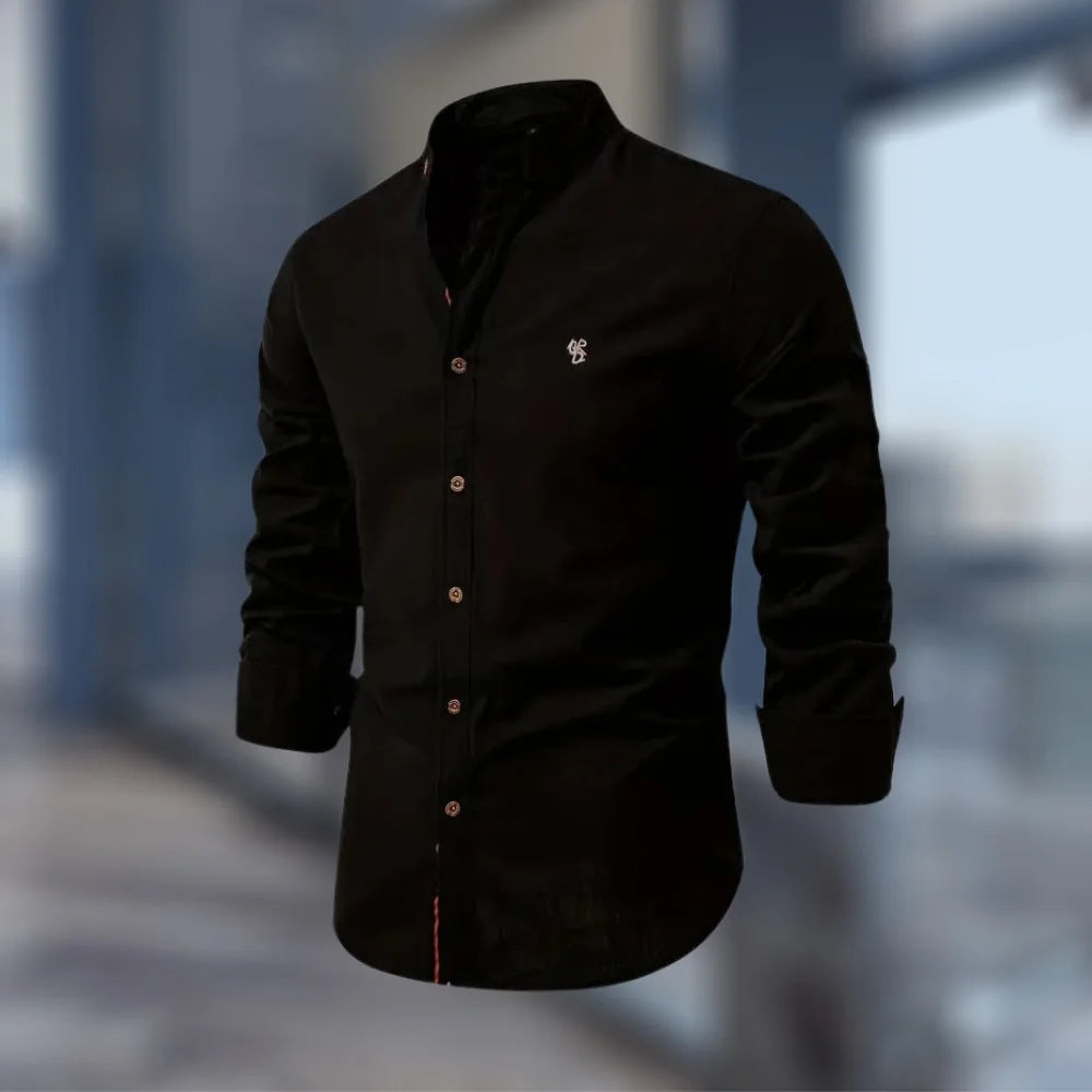 Black Men's Slim Fit Shirt with Mandarin Collar & Button-Front Design