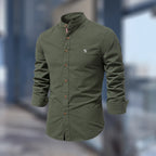 Dark Green Men's Slim Fit Shirt with Mandarin Collar & Button-Front Design - Front Full