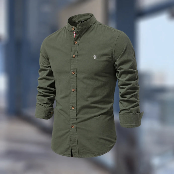 Dark Green Men's Slim Fit Shirt with Mandarin Collar & Button-Front Design - Front Full