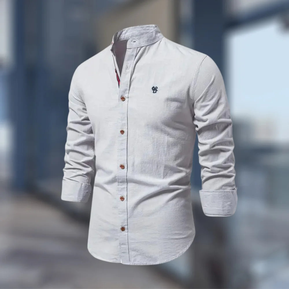 Grey Men's Slim Fit Shirt with Mandarin Collar & Button-Front Design