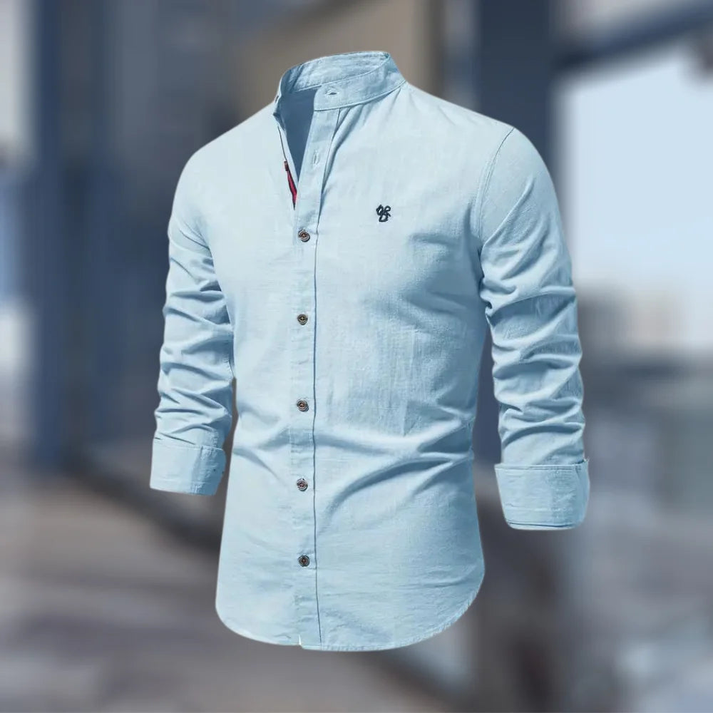 Light Blue Men's Slim Fit Shirt with Mandarin Collar & Button-Front Design
