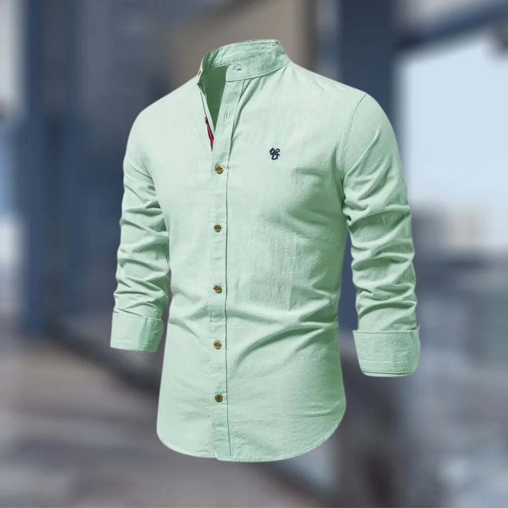 Light Green Men's Slim Fit Shirt with Mandarin Collar & Button-Front Design - Side Pose