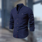 Navy Blue Men's Slim Fit Shirt with Mandarin Collar & Button-Front Design - Studio Pose