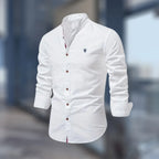 White Men's Slim Fit Shirt with Mandarin Collar & Button-Front Design - Front Angle