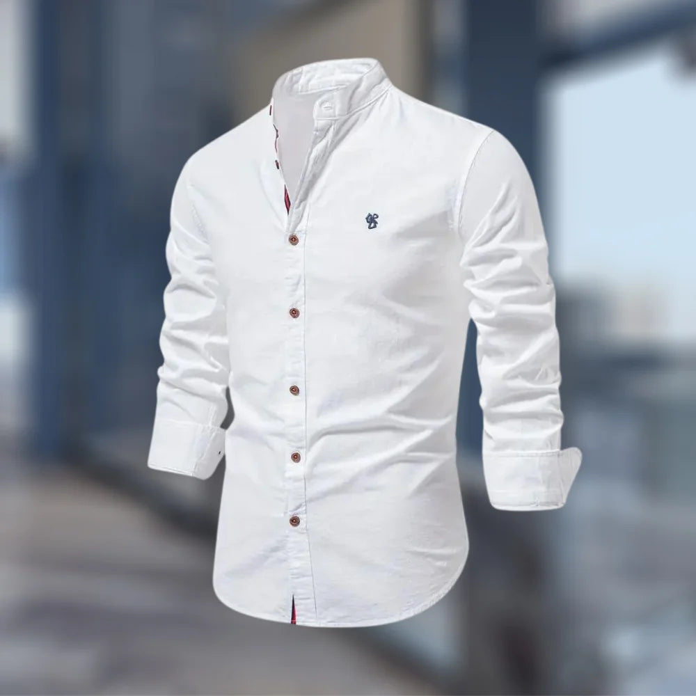 White Men's Slim Fit Shirt with Mandarin Collar & Button-Front Design - Front Angle