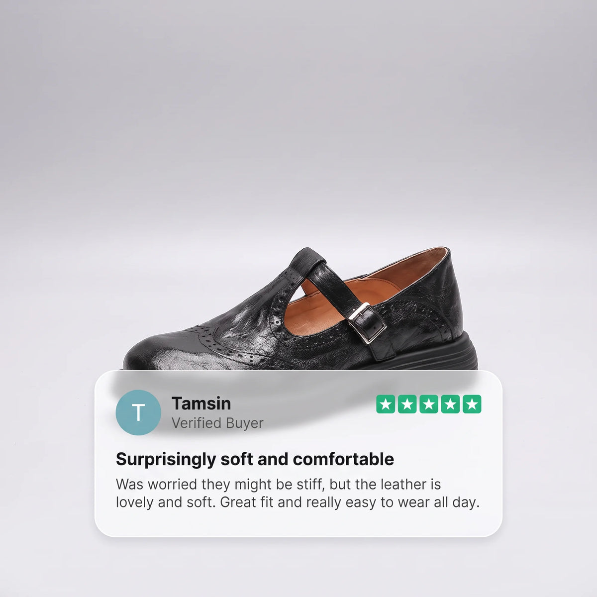 Women's Leather-Look Brogue Mary Jane Pumps with T-Strap Buckle - Review Callout