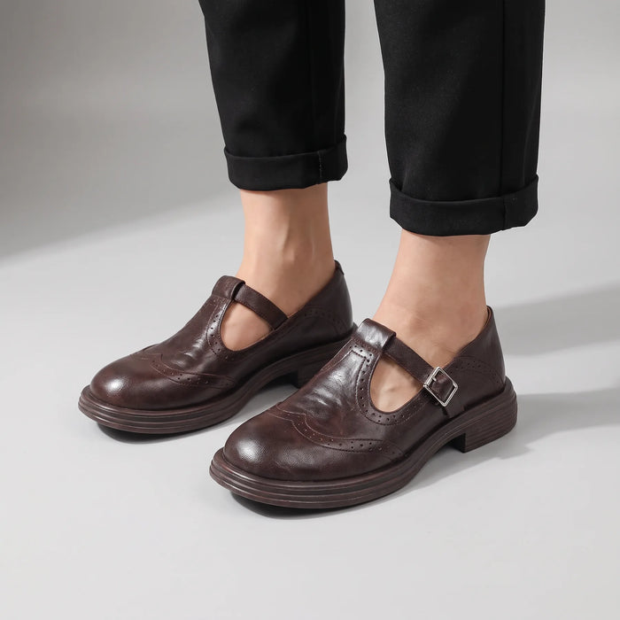 Women's Leather-Look Brogue Mary Jane Pumps with T-Strap Buckle - Front Full