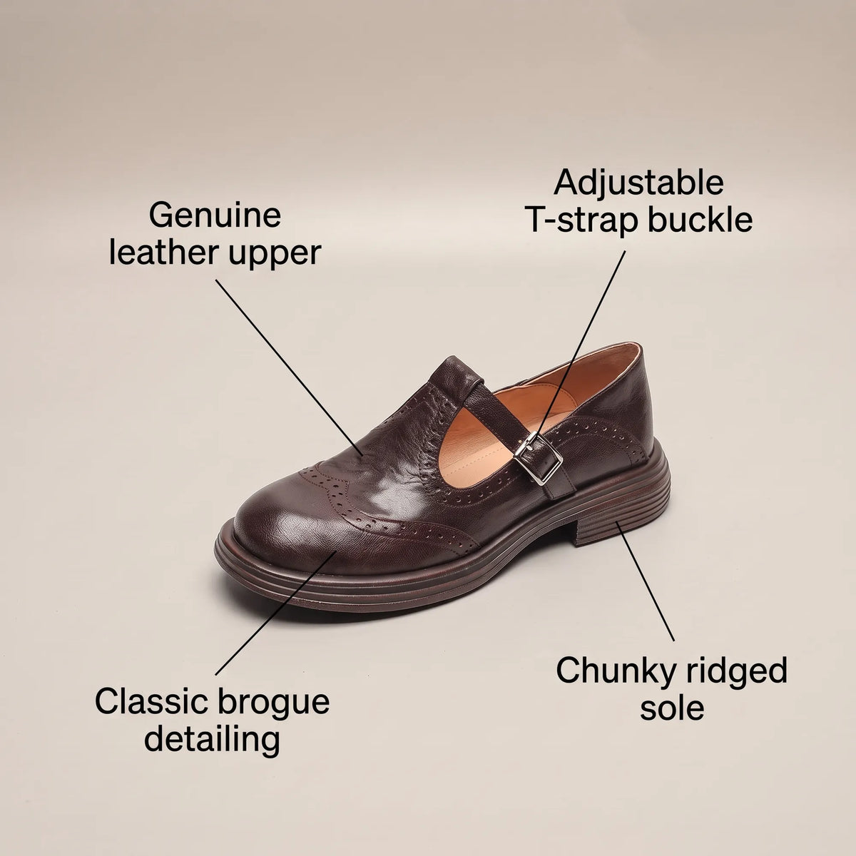Women's Leather-Look Brogue Mary Jane Pumps with T-Strap Buckle - Studio Detail Callout