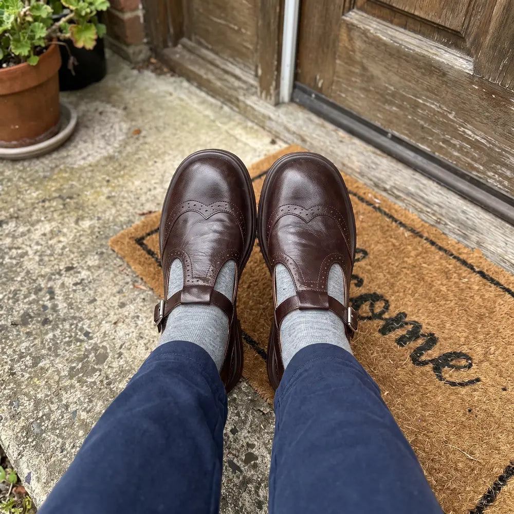 Women's Leather-Look Brogue Mary Jane Pumps with T-Strap Buckle - Top Down Worn