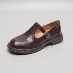 Brown Women's Leather-Look Brogue Mary Jane Pumps with T-Strap Buckle