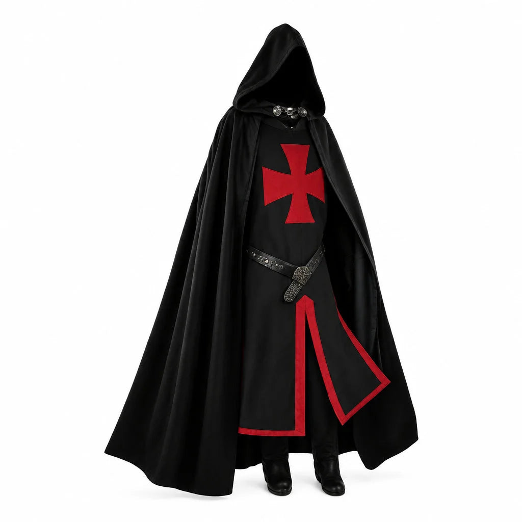 Men's Medieval Knight Costume with Hooded Cape & Belted Tunic - Front Full Red