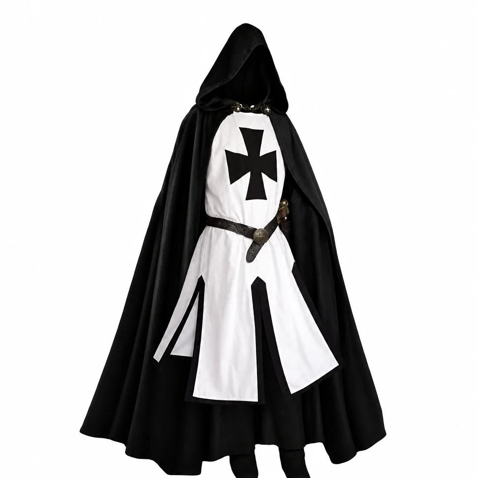 Men's Medieval Knight Costume with Hooded Cape & Belted Tunic - Side Full White