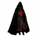 Black/Red with Black Cape Men's Medieval Knight Costume with Hooded Cape & Belted Tunic - Side Pose Red