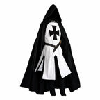 White/Black with Black Cape Men's Medieval Knight Costume with Hooded Cape & Belted Tunic - Side Pose White