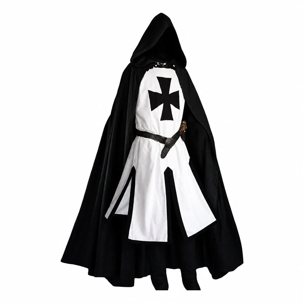 White/Black with Black Cape Men's Medieval Knight Costume with Hooded Cape & Belted Tunic - Side Pose White