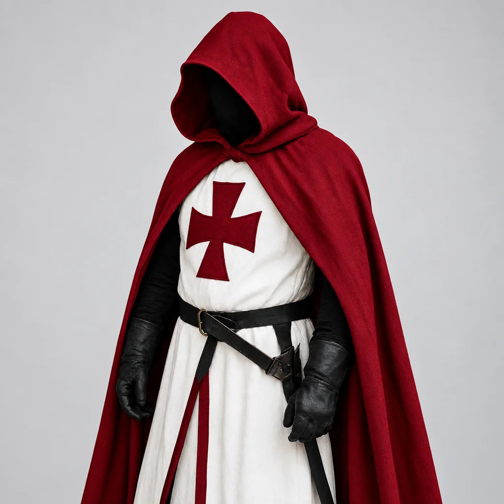 Men's Medieval Knight Costume with Hooded Cape & Belted Tunic - Close Up Hood Chest