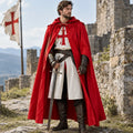 White/Red with Red Cape Men's Medieval Knight Costume with Hooded Cape & Belted Tunic - Front Full Outdoor