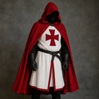Men's Medieval Knight Costume with Hooded Cape & Belted Tunic - Front Full Studio Dark