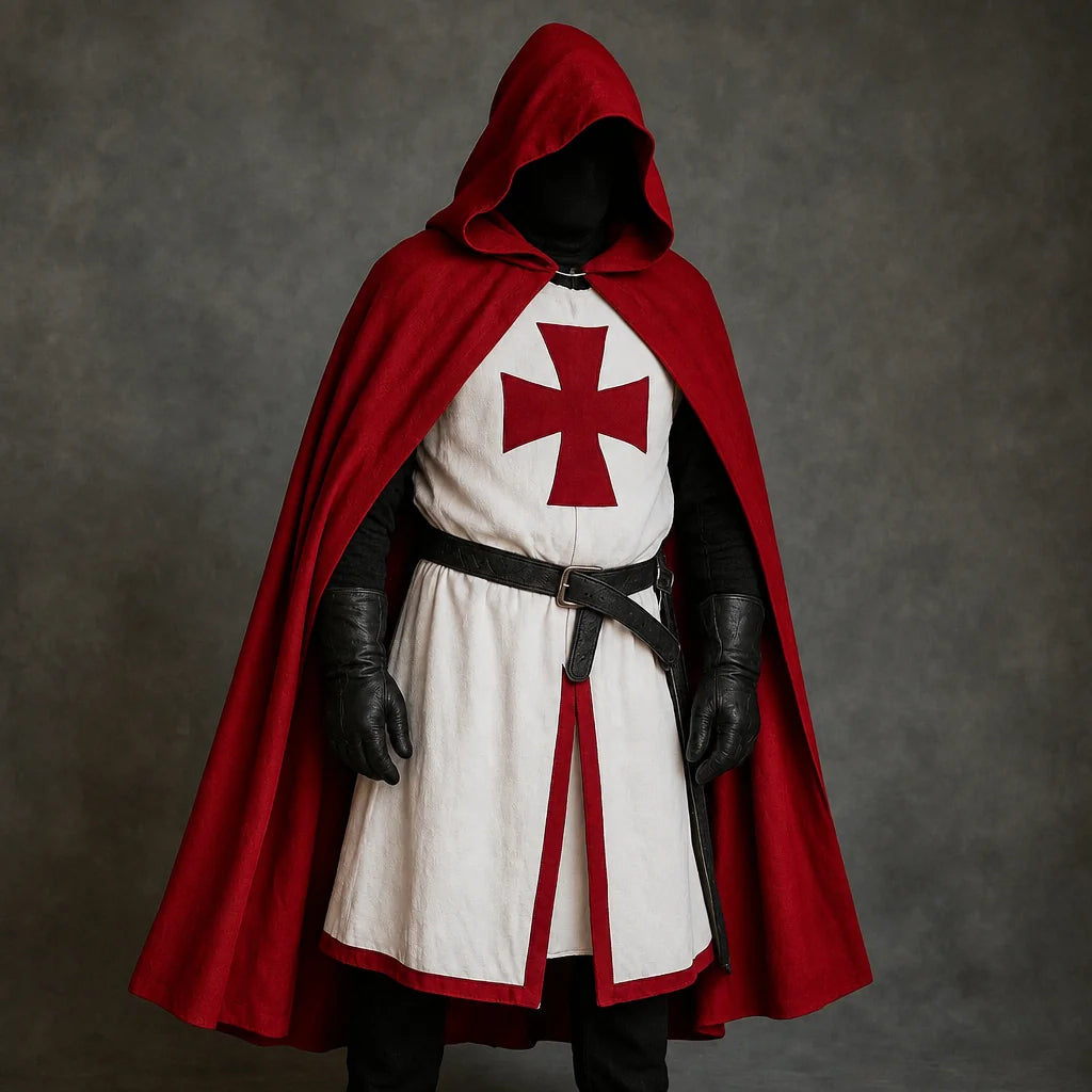 Men's Medieval Knight Costume with Hooded Cape & Belted Tunic - Front Full Studio Dark