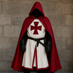 Men's Medieval Knight Costume with Hooded Cape & Belted Tunic - Front Torso Closeup
