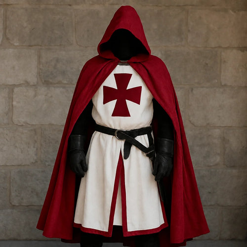 Men's Medieval Knight Costume with Hooded Cape & Belted Tunic - Front Torso Closeup