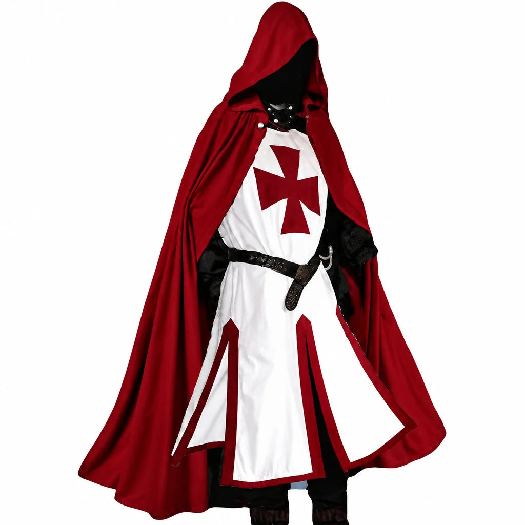Men's Medieval Knight Costume with Hooded Cape & Belted Tunic - Side Pose White