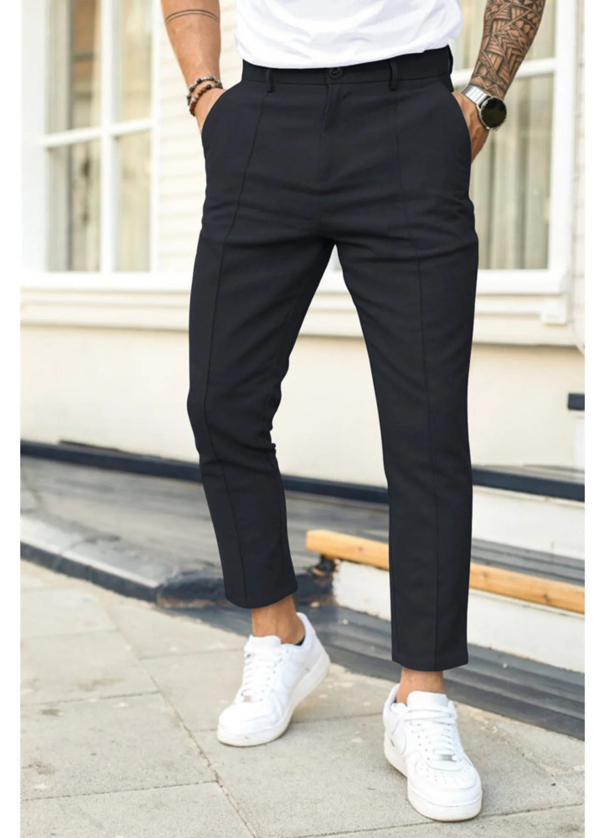 Black Men's Ankle Length Trousers with Tapered Fit & Button Front