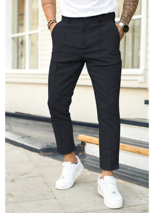 Black Men's Ankle Length Trousers with Tapered Fit & Button Front