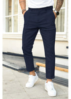 Blue Men's Ankle Length Trousers with Tapered Fit & Button Front