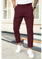 Dark Red Men's Ankle Length Trousers with Tapered Fit & Button Front - Front Detail