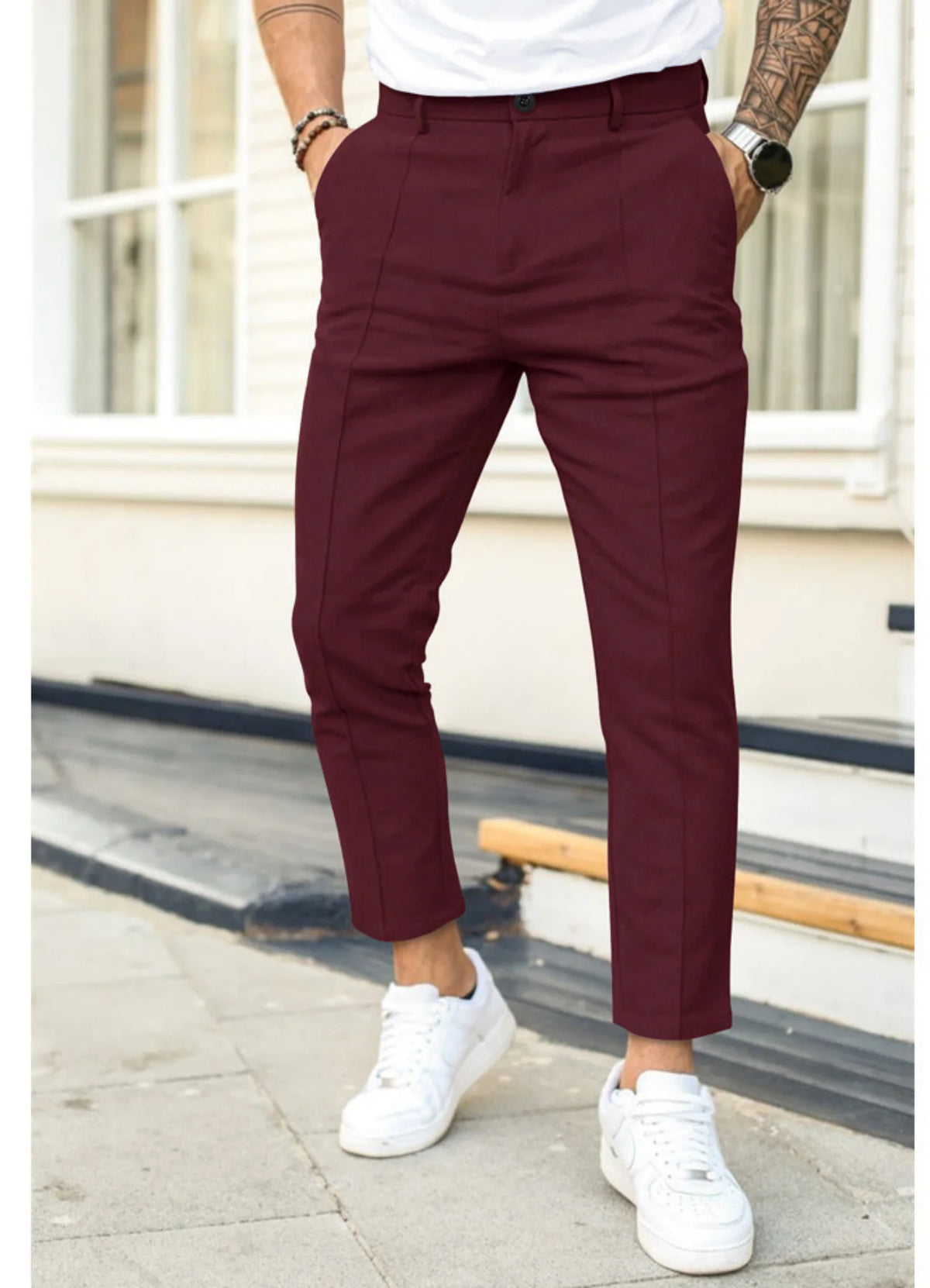 Dark Red Men's Ankle Length Trousers with Tapered Fit & Button Front - Front Detail