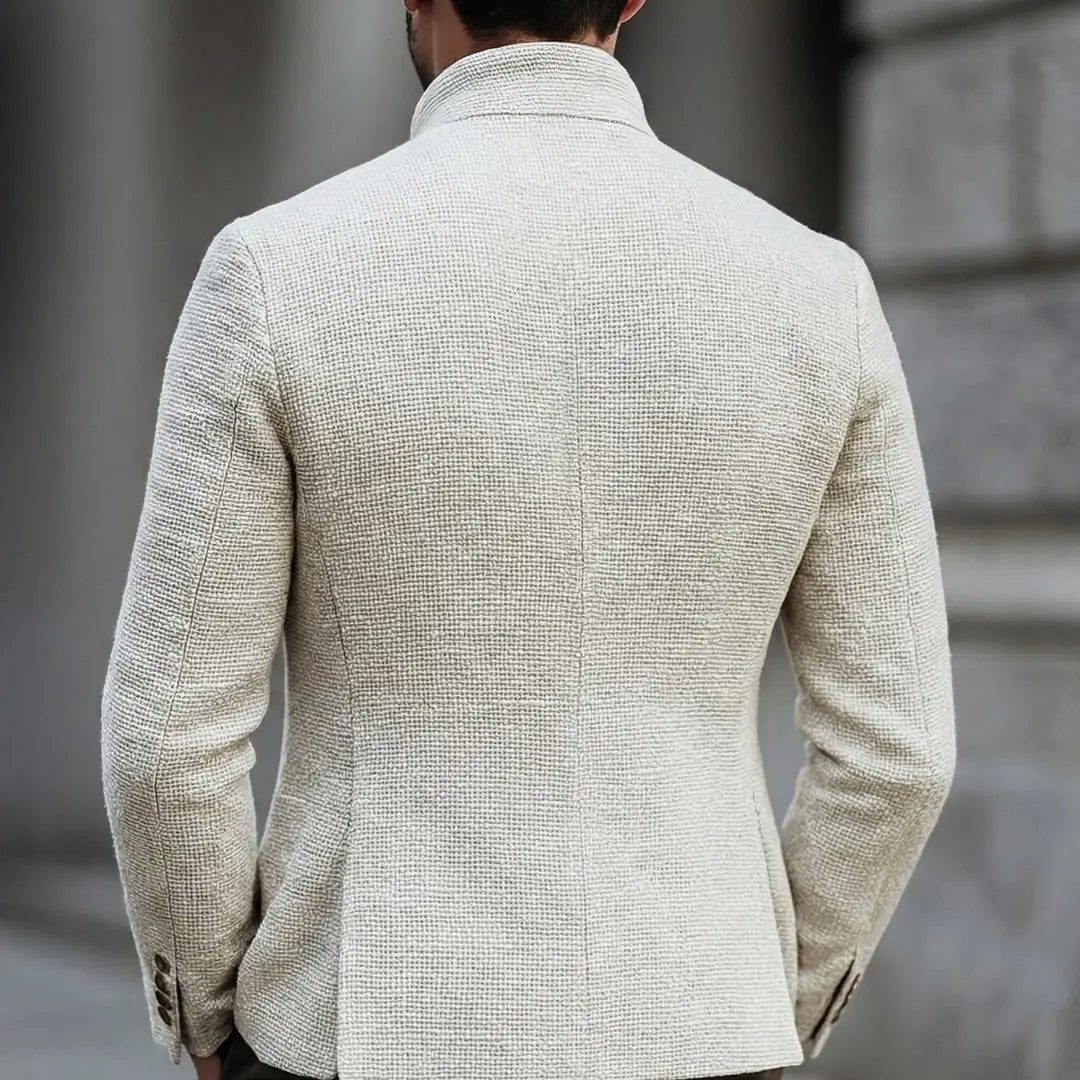 White Men's Tailored Button Cardigan with Stand Collar - Back Full View